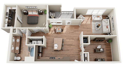 a 3d floor plan of a house with a bedroom and a living room